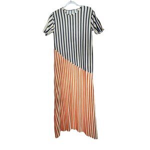Zara A-Line Striped Midi Dress Short Sleeve Size Large Navy & Orange Retro Class